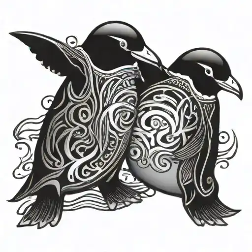 two cute Celtic penguins swimming upstream tattoo design idea