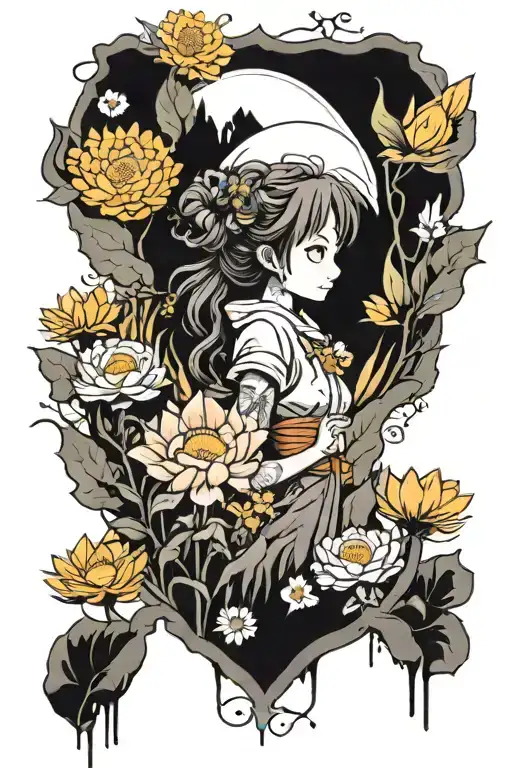 Sleeve tattoo Studio Ghibli characters with mountains in surrounded by marigolds, gladiolus, and gerber daisies. tattoo design idea