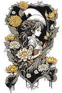 Sleeve tattoo Studio Ghibli characters with mountains in surrounded by marigolds, gladiolus, and gerber daisies. tattoo design idea