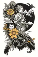 Sleeve tattoo Studio Ghibli characters with mountains in surrounded by marigolds, gladiolus, and gerber daisies. tattoo design idea