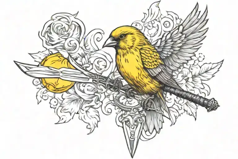 Canary with sword and fire flames tattoo design idea