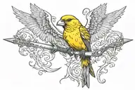 Canary with sword and fire flames tattoo design idea