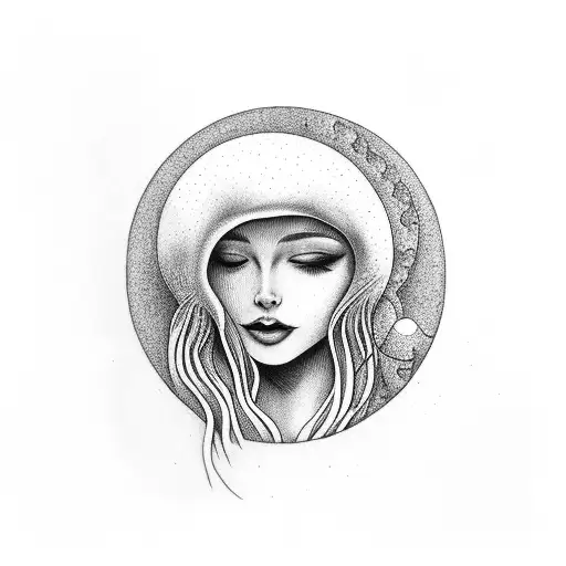 nude woman with mushroom cap for a head praying to the smiling moon tattoo design idea