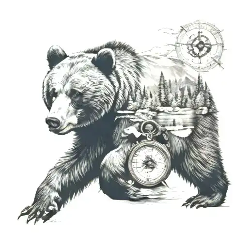 bear with compass Wisconsin and Colorado scenic tattoo design idea
