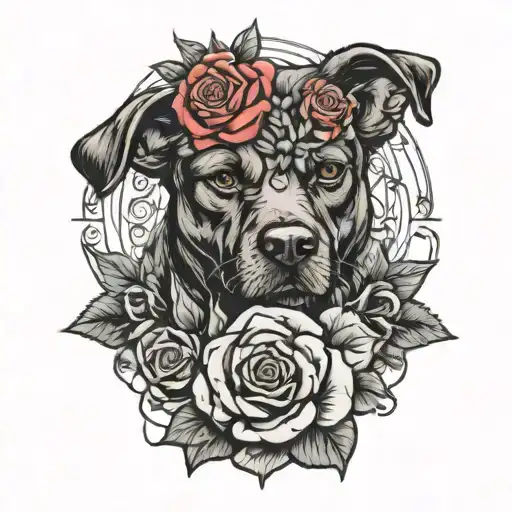 dog with roses intertwined and physics equation intertwined tattoo design idea