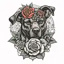 dog with roses intertwined and physics equation intertwined tattoo design idea