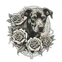 dog with roses intertwined and physics equation intertwined tattoo design idea