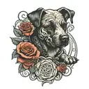 dog with roses intertwined and physics equation intertwined tattoo design idea