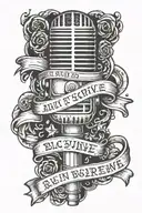 Microphone with lyrics surrounding it saying “learned to survive on my own and finally it’s been bestowed” tattoo design idea