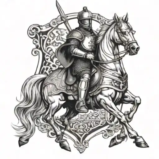 A police officer riding a horse in a medieval knight's armor tattoo design idea