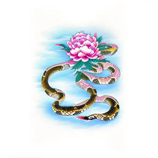 Peony snake tattoo design idea