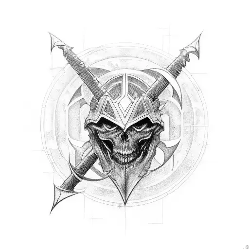 a cybersigil tattoo on the right arm that looks like a battleaxe, fine line-work tattoo design idea