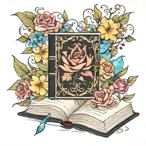 fantasy book surrounded by bold floral tattoo design idea