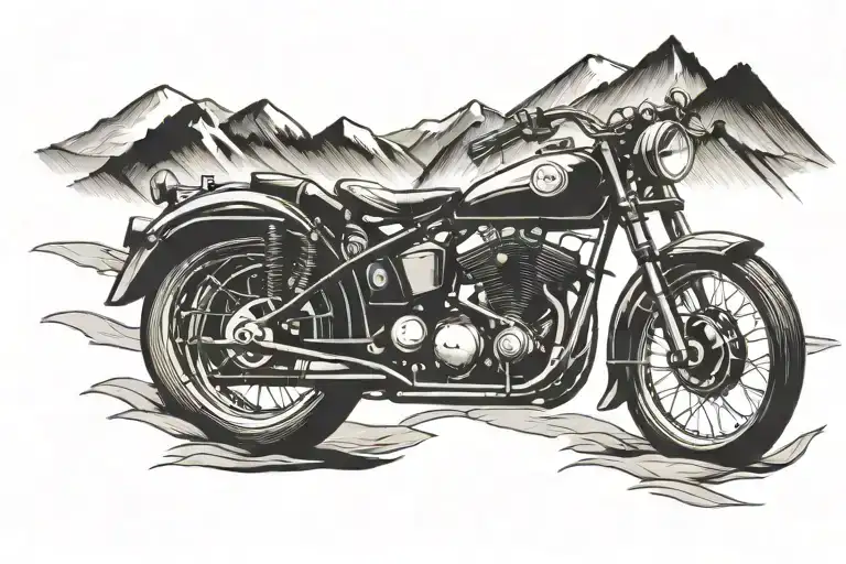 A silhouette of a retro motorcycle cruising through mountainous hills tattoo design idea