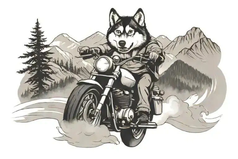 A husky riding a motorcycle through a mountain pass tattoo design idea