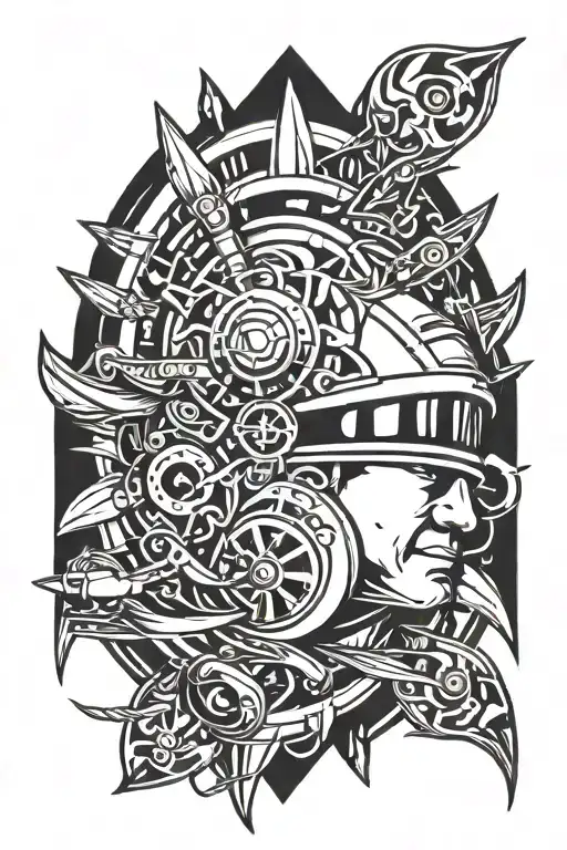 ship, race helmet, engine tattoo design idea