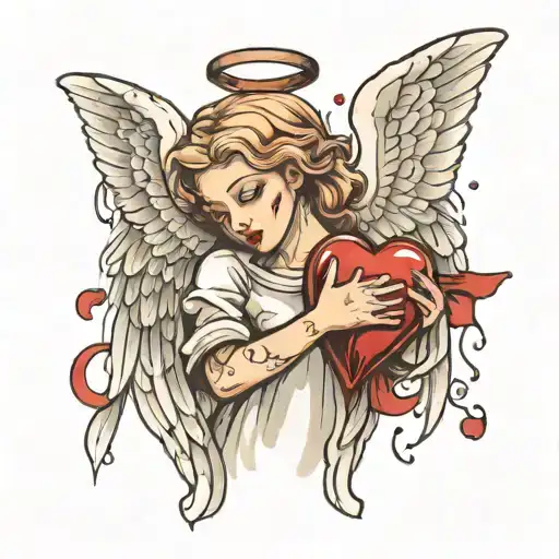 angel crying while holding bloody heart  in hand tattoo design idea