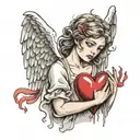 angel crying while holding bloody heart  in hand tattoo design idea