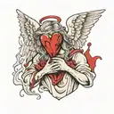 angel crying while holding bloody heart  in hand tattoo design idea