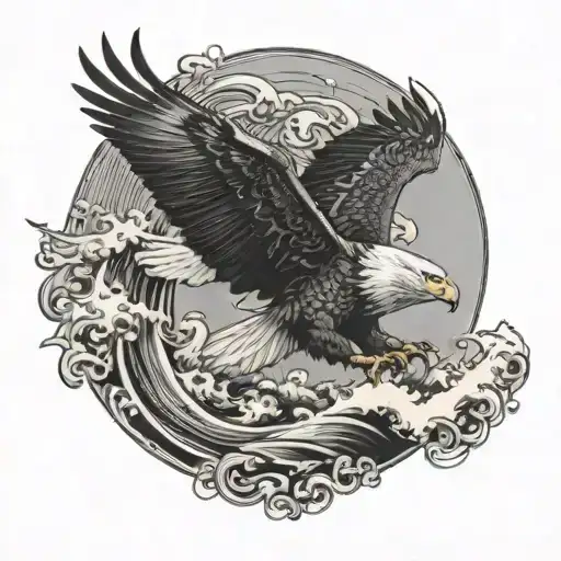 A majestic eagle soaring above crashing waves, symbolizing freedom and strength tattoo design idea