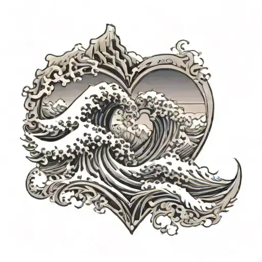 A stone heart with intricate carvings depicting crashing waves and snow-capped mountains, symbolizing the client's passion for both surfing and snowboarding tattoo design idea