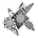 A geometric snowflake design intertwined with surfboards, representing the client's love for both snowboarding and surfing tattoo design idea