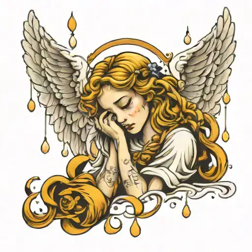 crying angel with a tear drops tattoo design idea