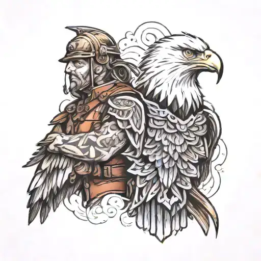 Wolfe, eagle and soldier standing tattoo design idea