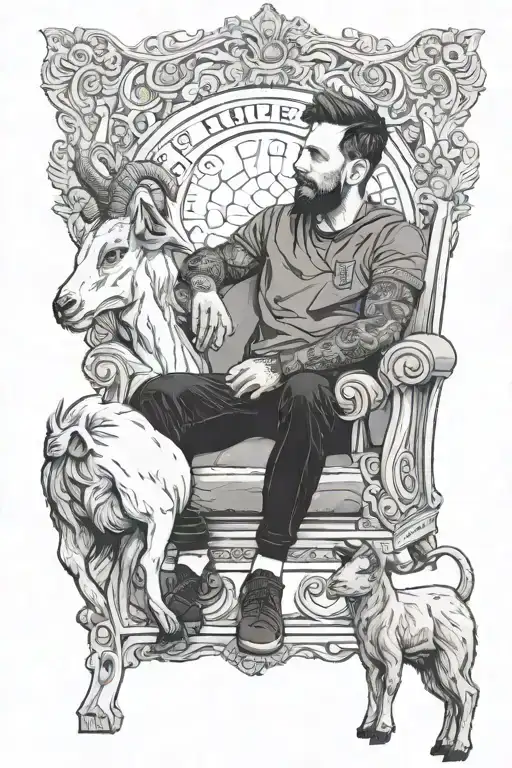 messi sitting in a kings chair with a goat standing  tattoo design idea