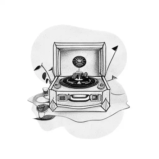Create a tattoo design that features a vintage record player with grungy music playing tattoo design idea