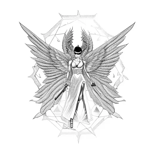 A crystal danielle with wings, holding a gun and surrounded by ammunition tattoo design idea