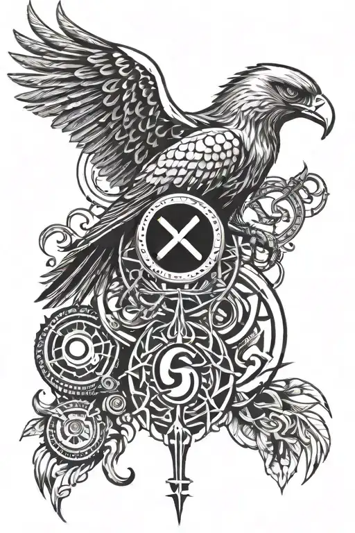 big hawk with khanda in eye symbol integrated tattoo design idea