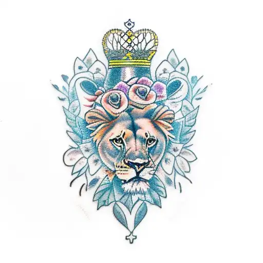 queen lioness with flowers tattoo design idea