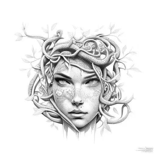 crumbling statue covered in vines in a jungle  tattoo design idea