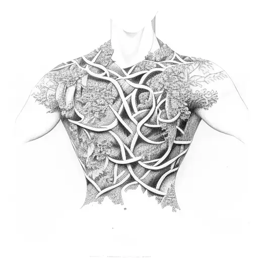 crumbling statue torso covered in vines in a jungle  tattoo design idea