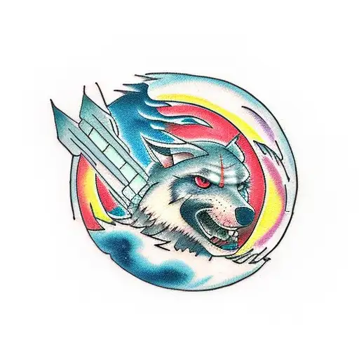 lobo bajo la luna con partes a color tattoo design idea