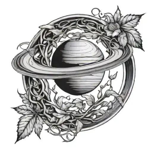Saturn's rings intertwined with intricate weed plant vines tattoo design idea