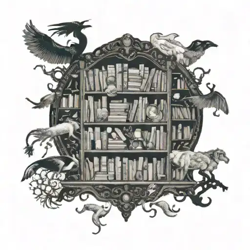 A mystical bookshelf filled with magical creatures and fantastical worlds tattoo design idea