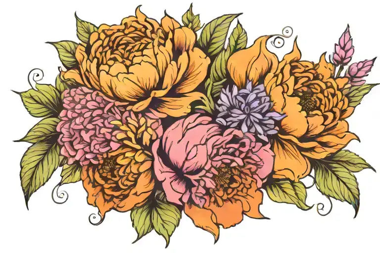 orange cornflower, Dahlias, Pink hydrangeas, Peony, blue hydrangea,  purple carnation, Purple iris pallida tattoo design idea