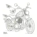 A minimalist design of a motorcycle engine with intricate details, incorporating elements of insects like a beetle or mantis tattoo design idea