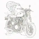 A minimalist design of a motorcycle engine with intricate details, incorporating elements of insects like a beetle or mantis tattoo design idea