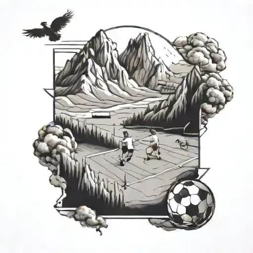 A mountain landscape with a soccer field and players wearing chicken wing inspired jerseys tattoo design idea