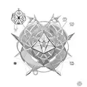 platonic solids look like molecules encircling an hourglass. use themes and motifs from medicine and sacred geometr tattoo design idea