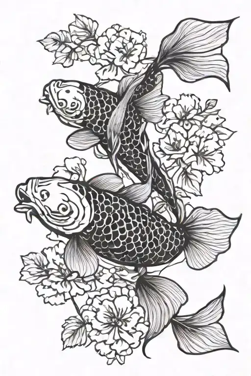 Koi fish swimming upstream surronded by ginkgo leaves tattoo design idea