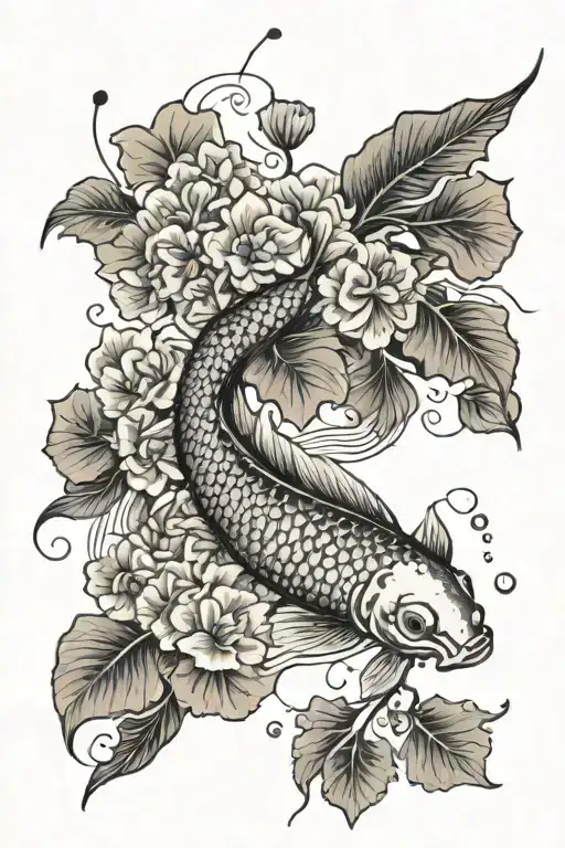 Koi fish, upstream, ginkgo leaves, marigold flower tattoo design idea