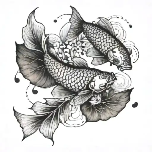 Koi fish with large taile, ginkgo leaf, white background tattoo design idea
