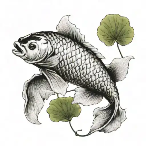 Koi fish with large taile, ginkgo leaf, white background tattoo design idea