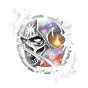 A tattoo combining elements from Black Clover, Attack on Titan, and Black Butler in a galaxy-themed design tattoo design idea