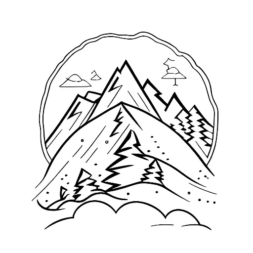 A minimalist tattoo of a soccer field with mountains and trees in the background tattoo design idea