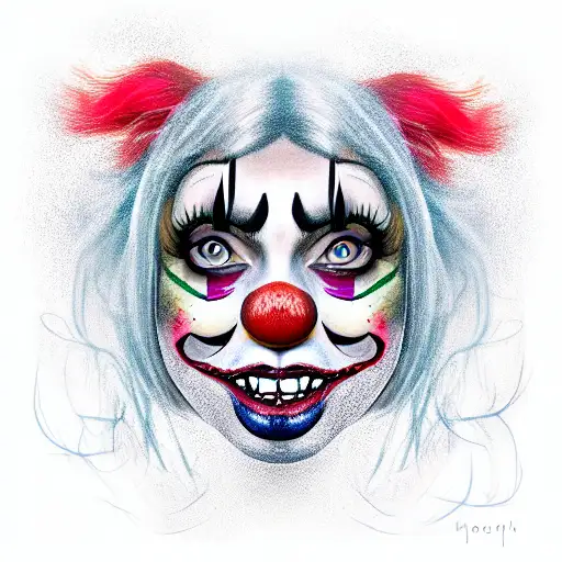 clown maniac with a wig round false nose in makeup with a wide scary smile and s tattoo design idea